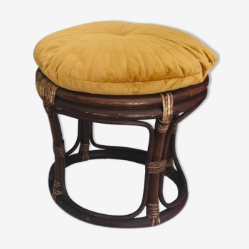 Vintage rattan ottoman, bamboo 70s with its cushion