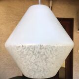 Conical white opaline suspension with a lower part with engraved patterns