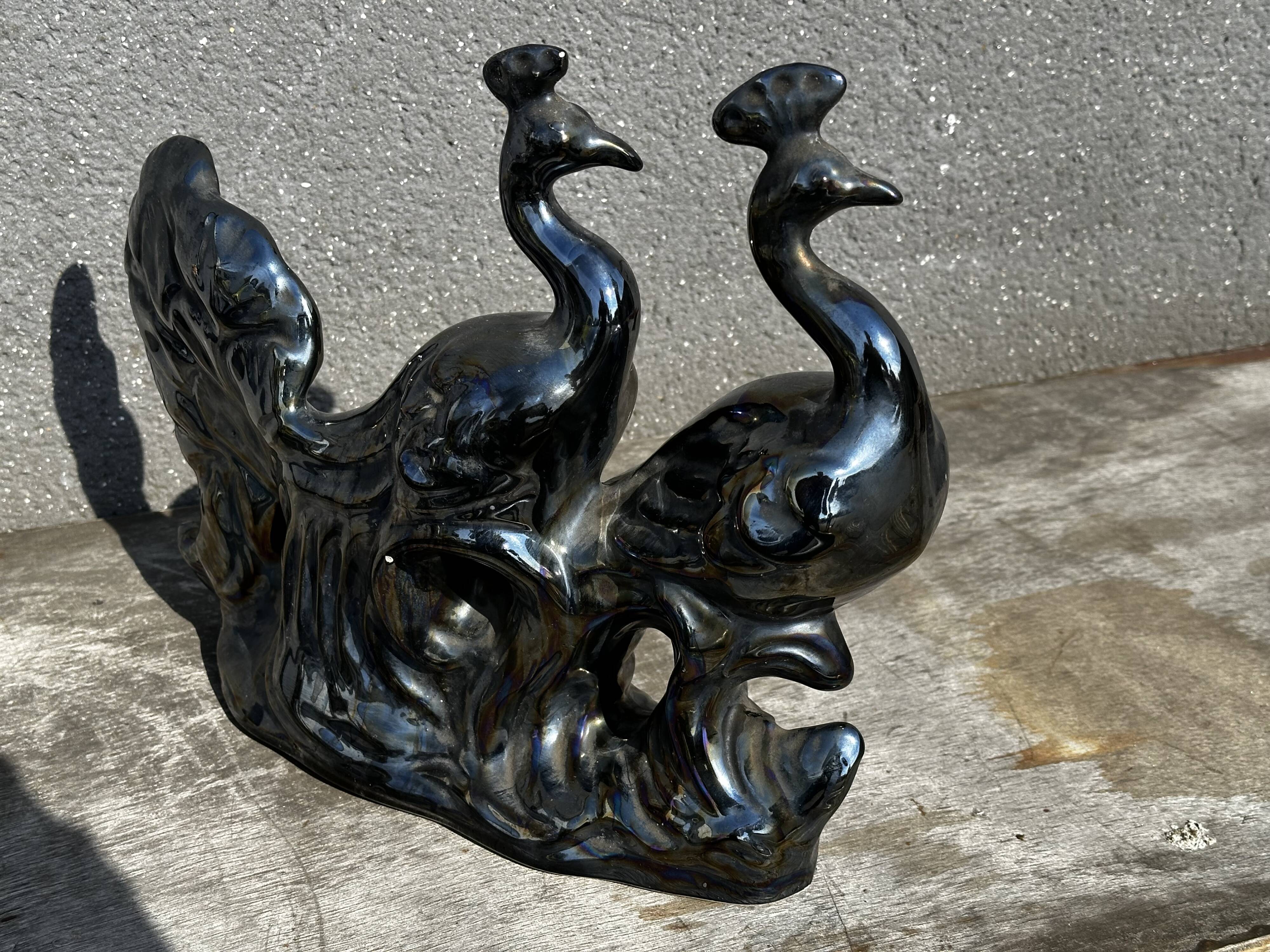 Centerpiece Pair of Peacocks Ceramic Vallauris Iridescent Anthracite Grey