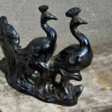 Centerpiece Pair of Peacocks Ceramic Vallauris Iridescent Anthracite Grey