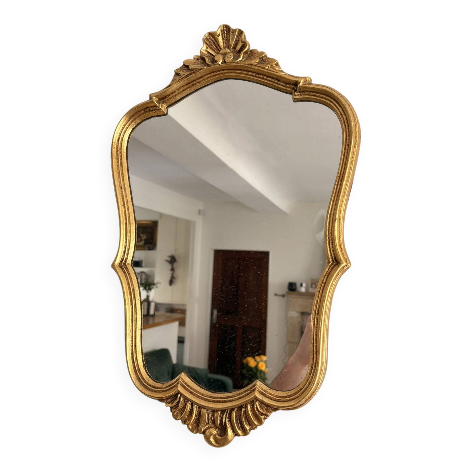 Antique gilded wall mirror, wood, Rocaille, Rococo, Louis XV, shell.