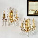 Pair of bronze wall lights and crystal pendants