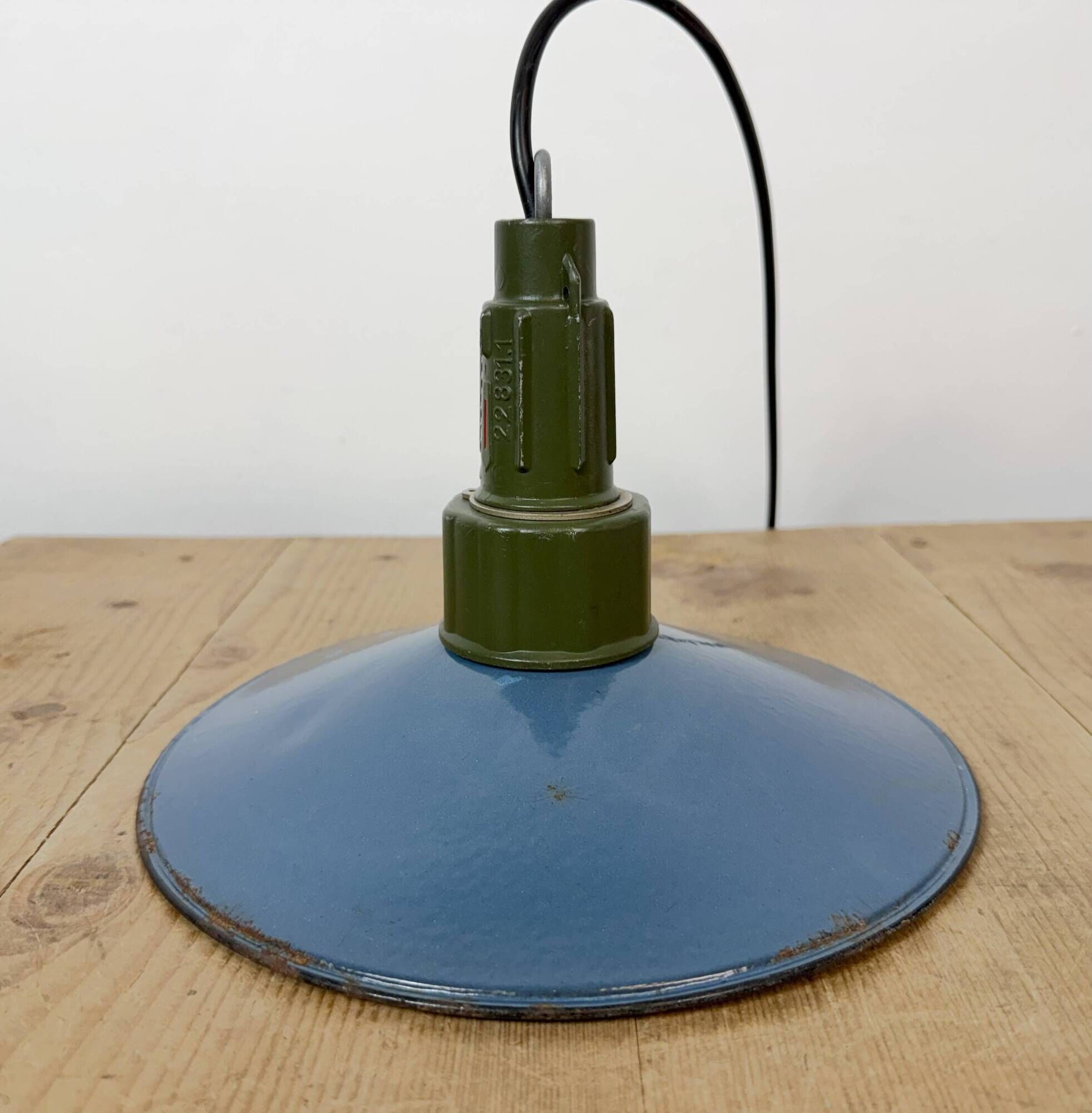 Industrial Blue Enamel Military Pendant Lamp with Cast Aluminium Top, 1960s