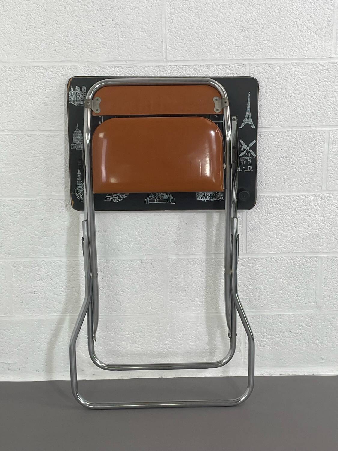 Vintage folding school desk with faux leather seat