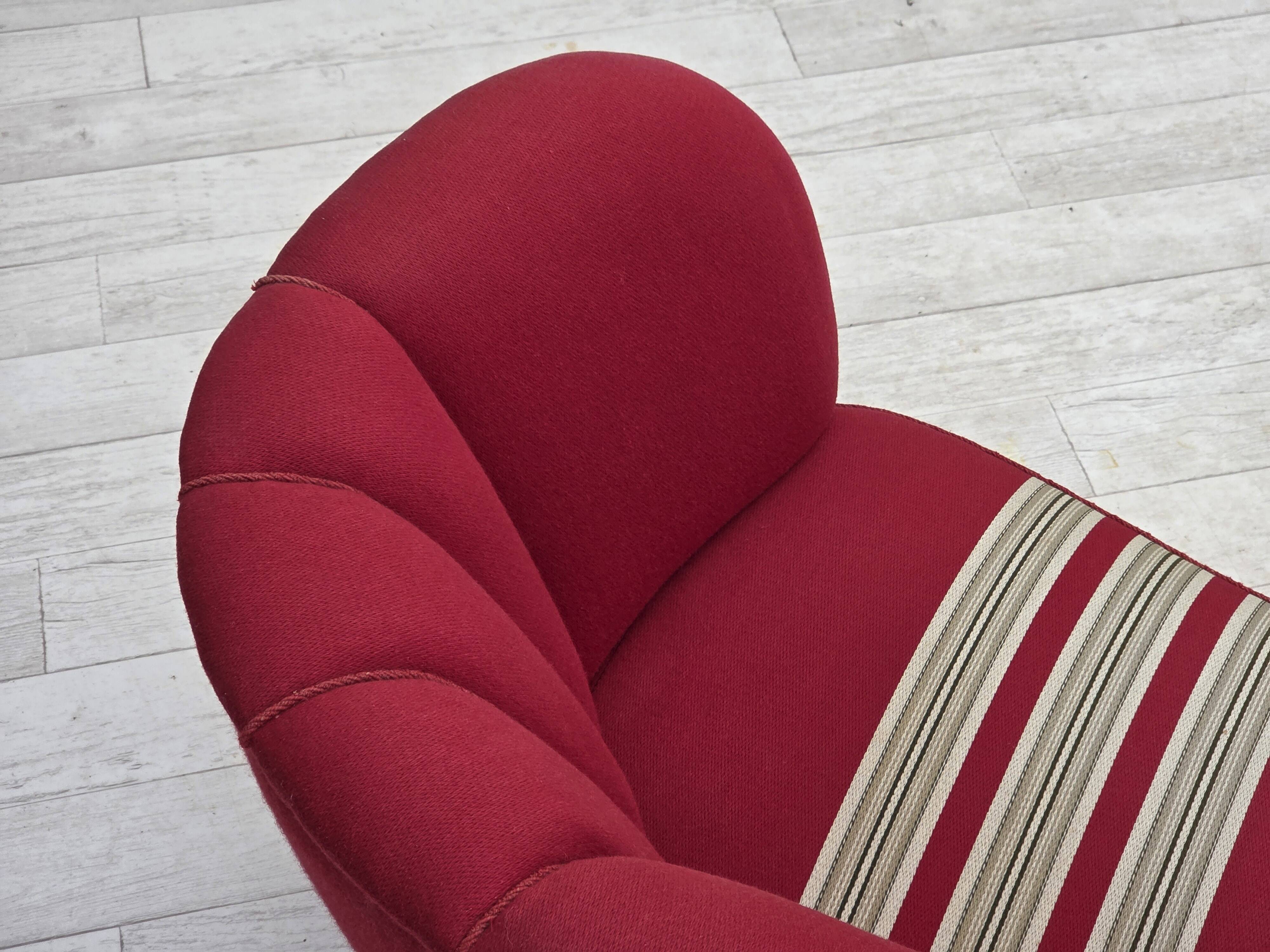 1960s, Danish 2-seater "Banana" sofa, furniture wool, oak wood legs.
