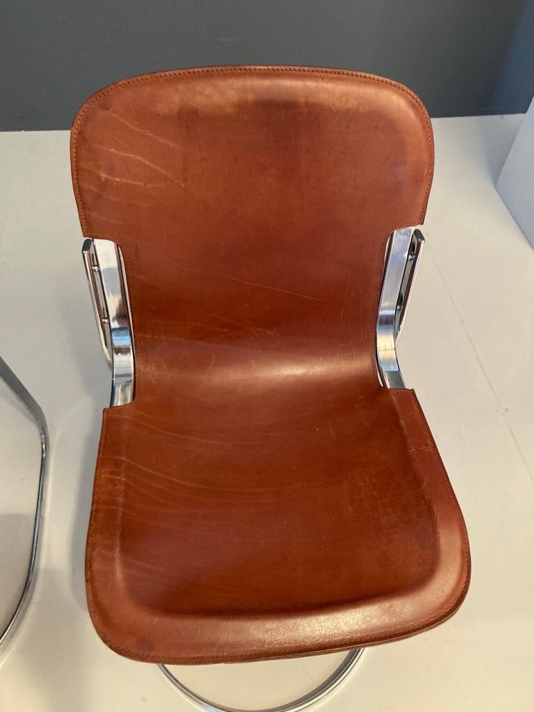 Set of 4 dining chairs in chrome and leather for Cidue Italy 1970