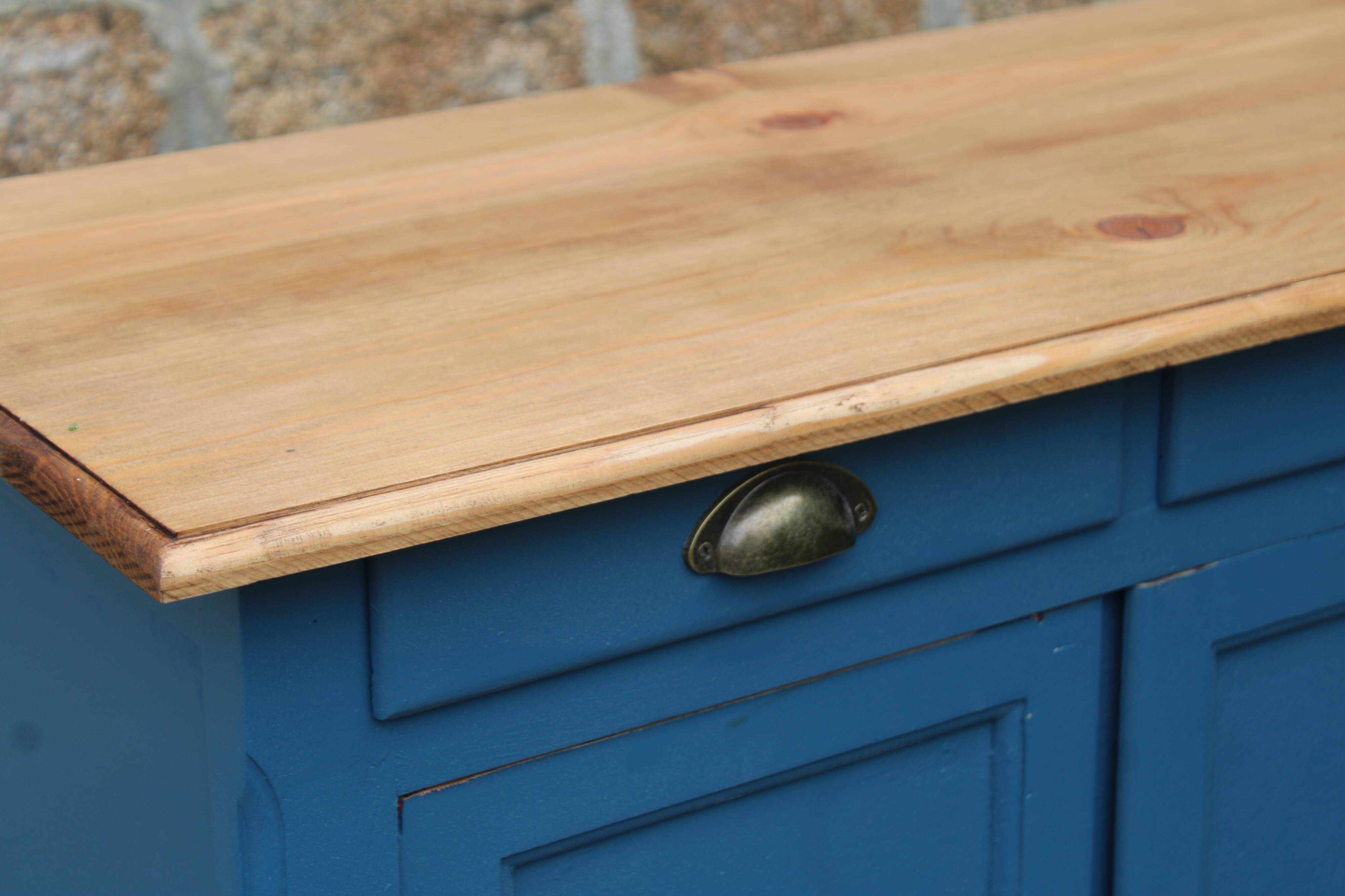 Vintage deep blue Parisian sideboard & natural wood top