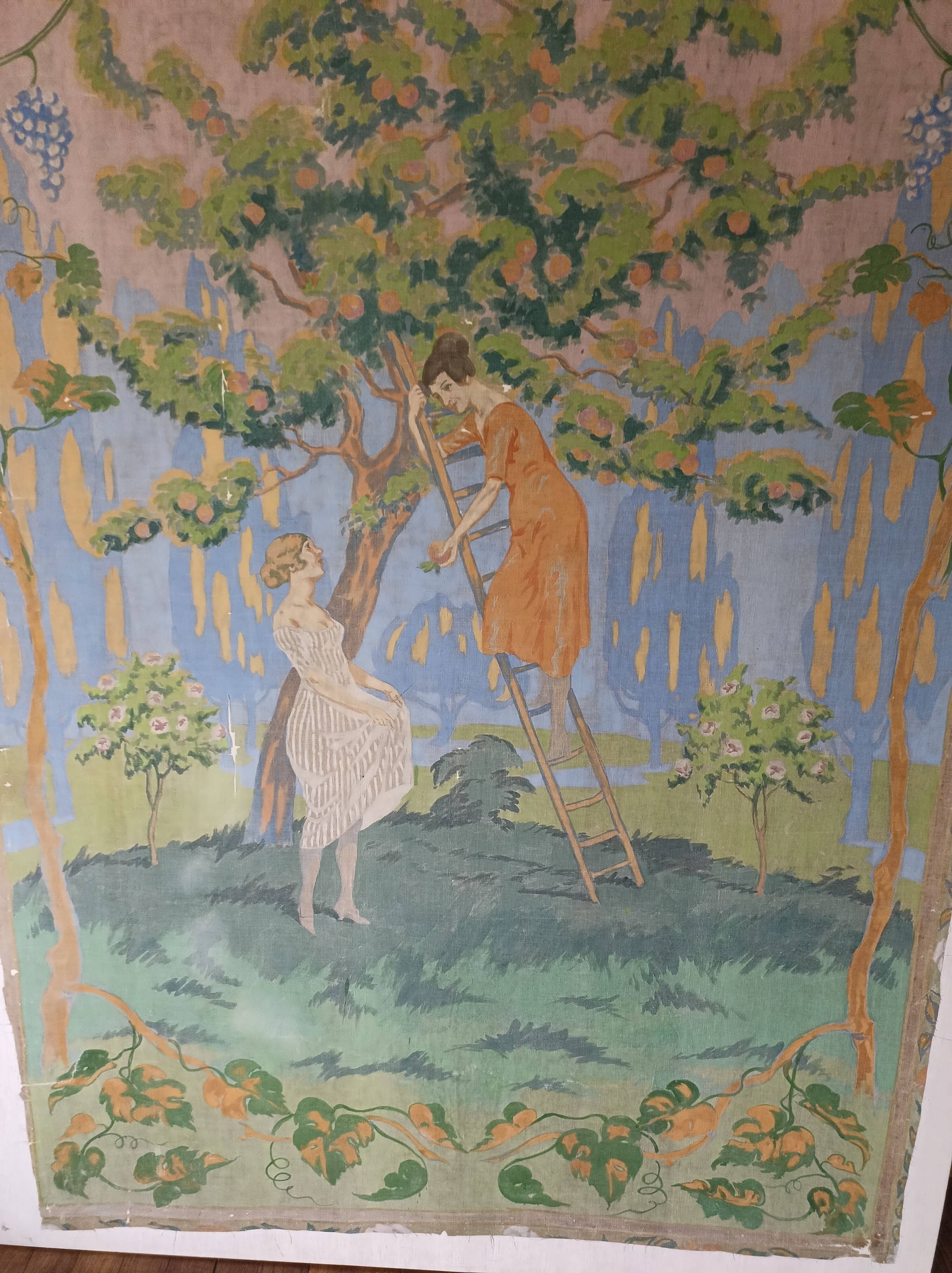 Large painting on canvas from the 20th century mounted on a frame - rural scene.