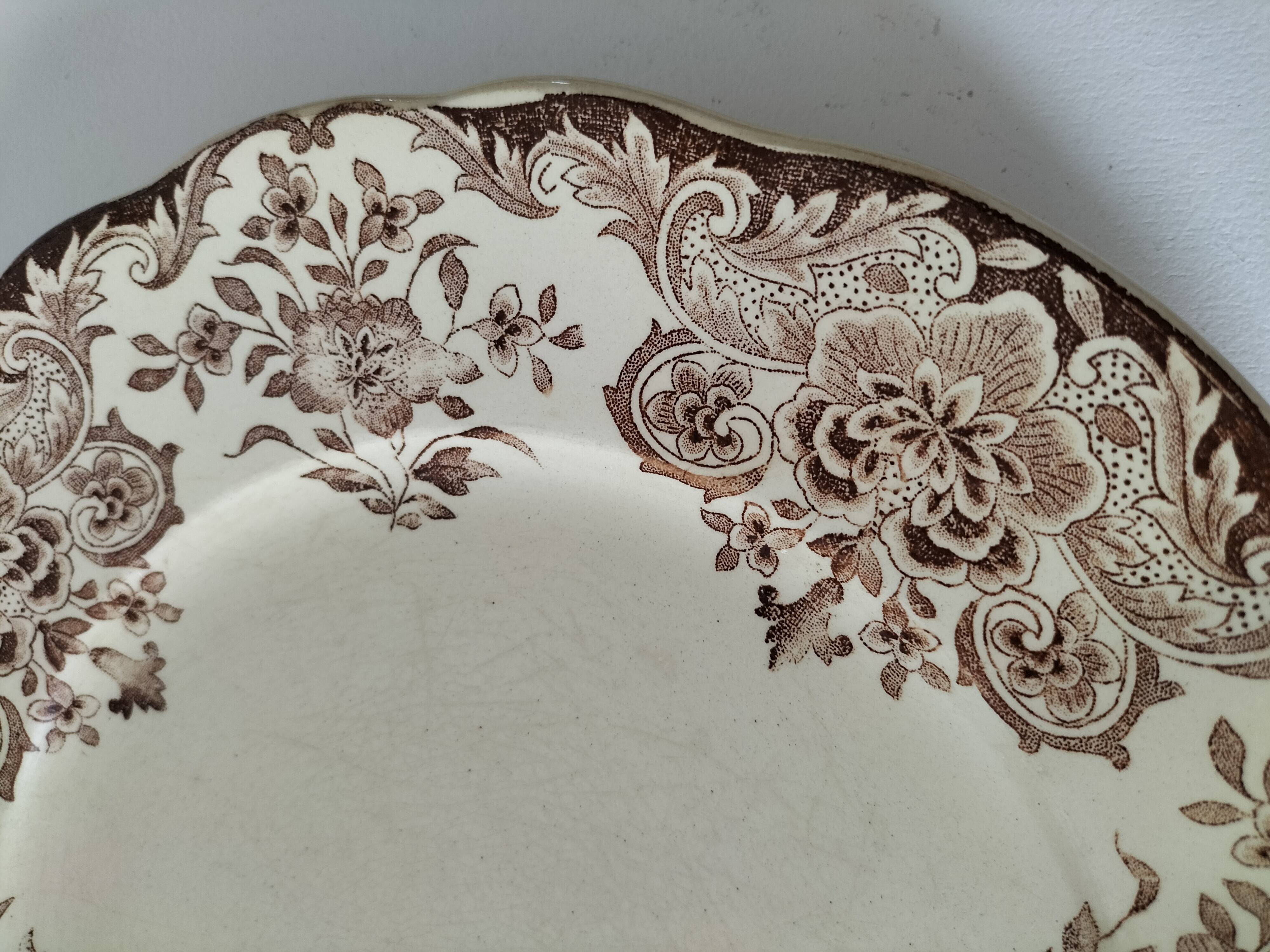 Antique earthenware plate – brown floral decoration – late 19th, early 20th century