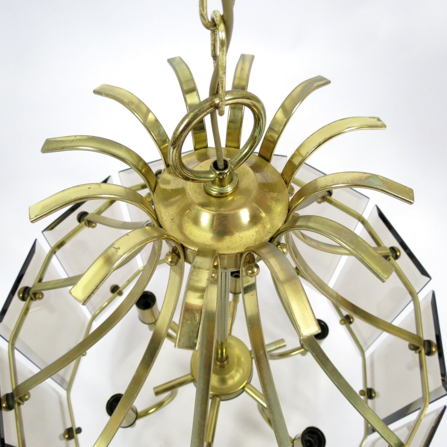 Brass and smoked glass chandelier, 1970s