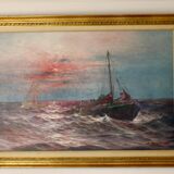 1950's Large Swedish Mid-Century Oil On Canvas " Sailing at Sunset " by Johan Ossian Andersson