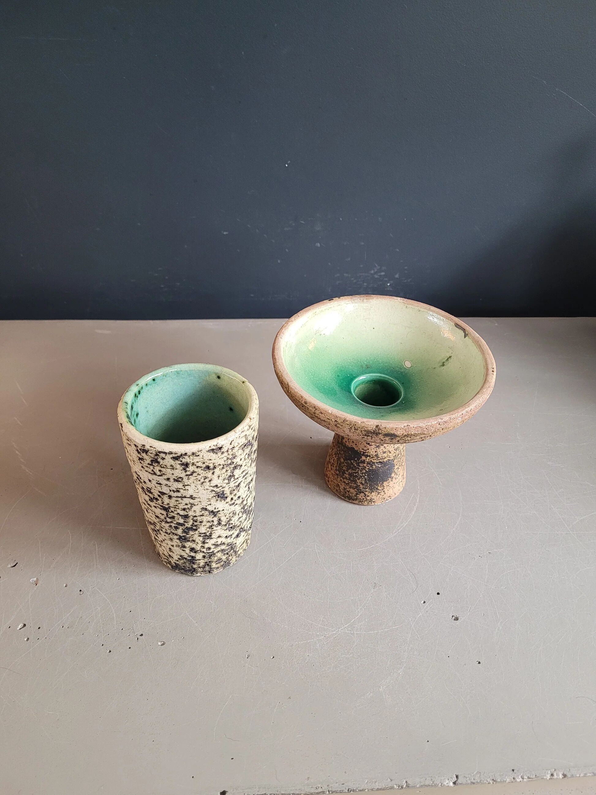 Brutalist ceramic vase and candlestick set