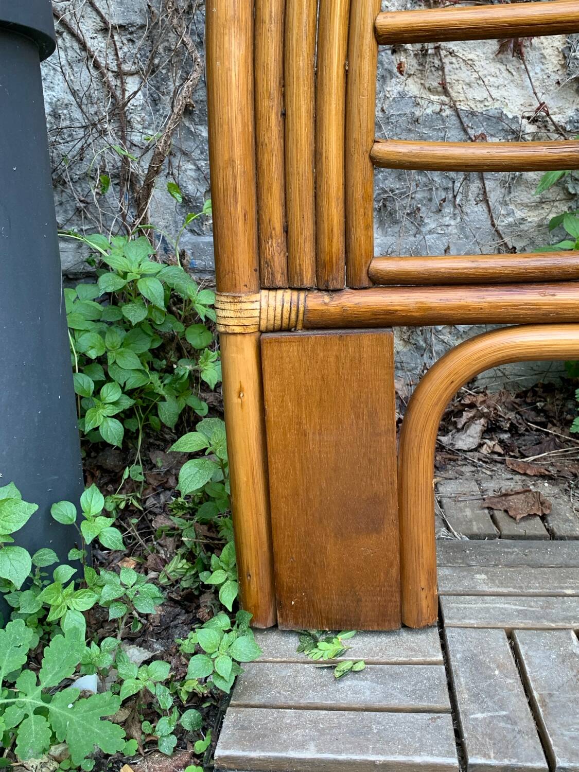 Rattan and leather headboard 140cm vintage 1970
