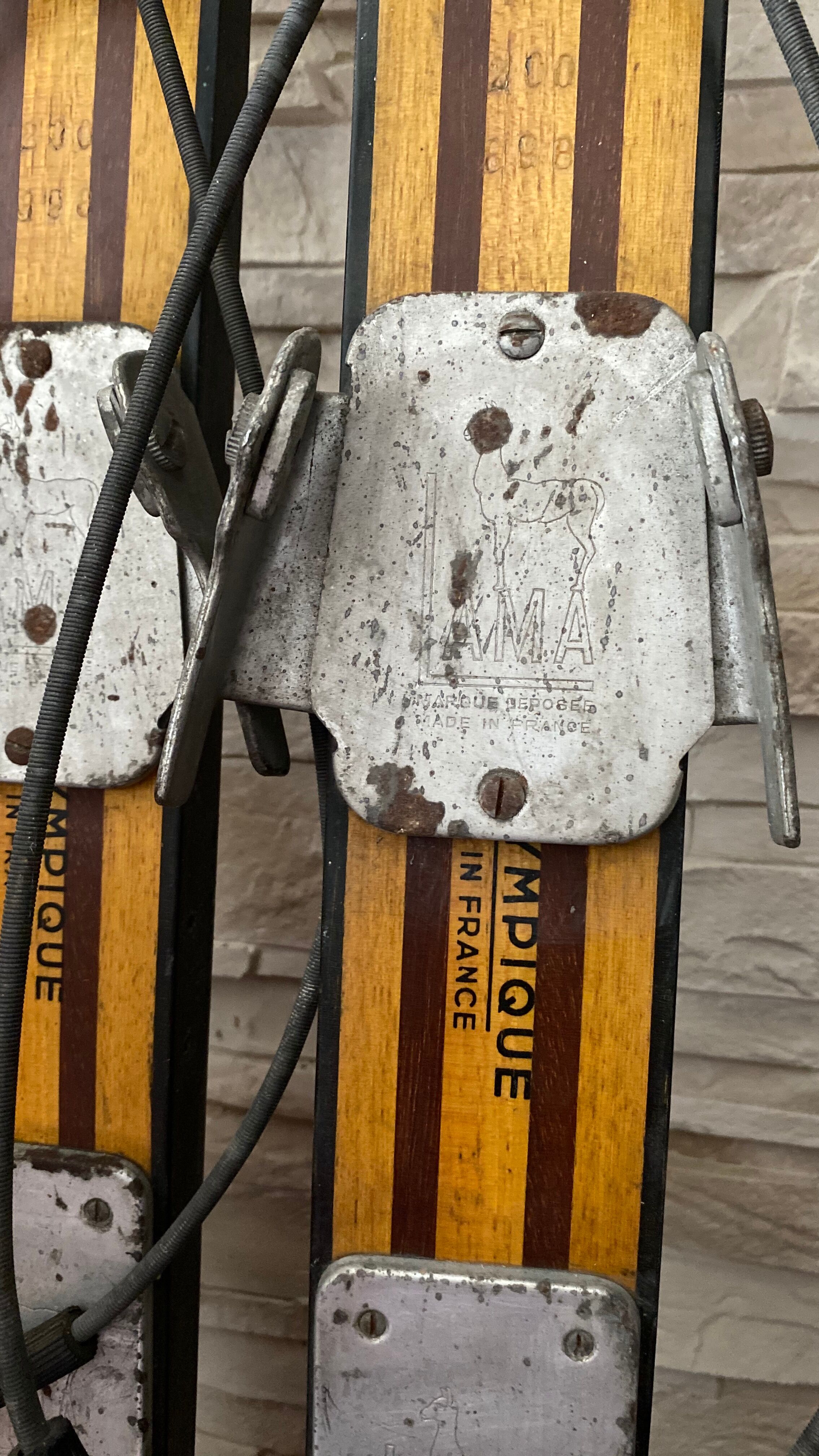 Vintage wooden Rossignol Hickory ski pair