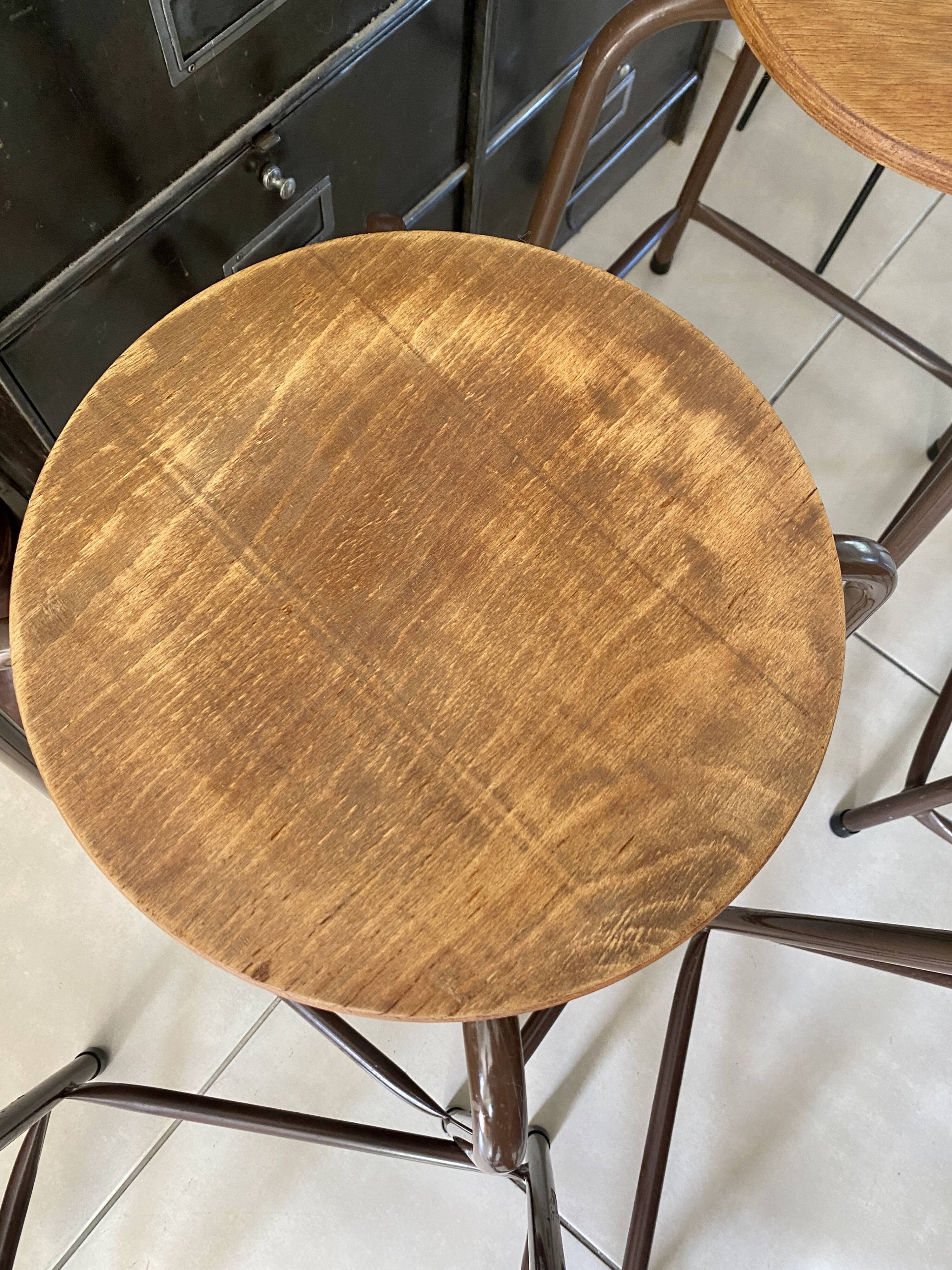 Series of 5 metal and wood workshop stools