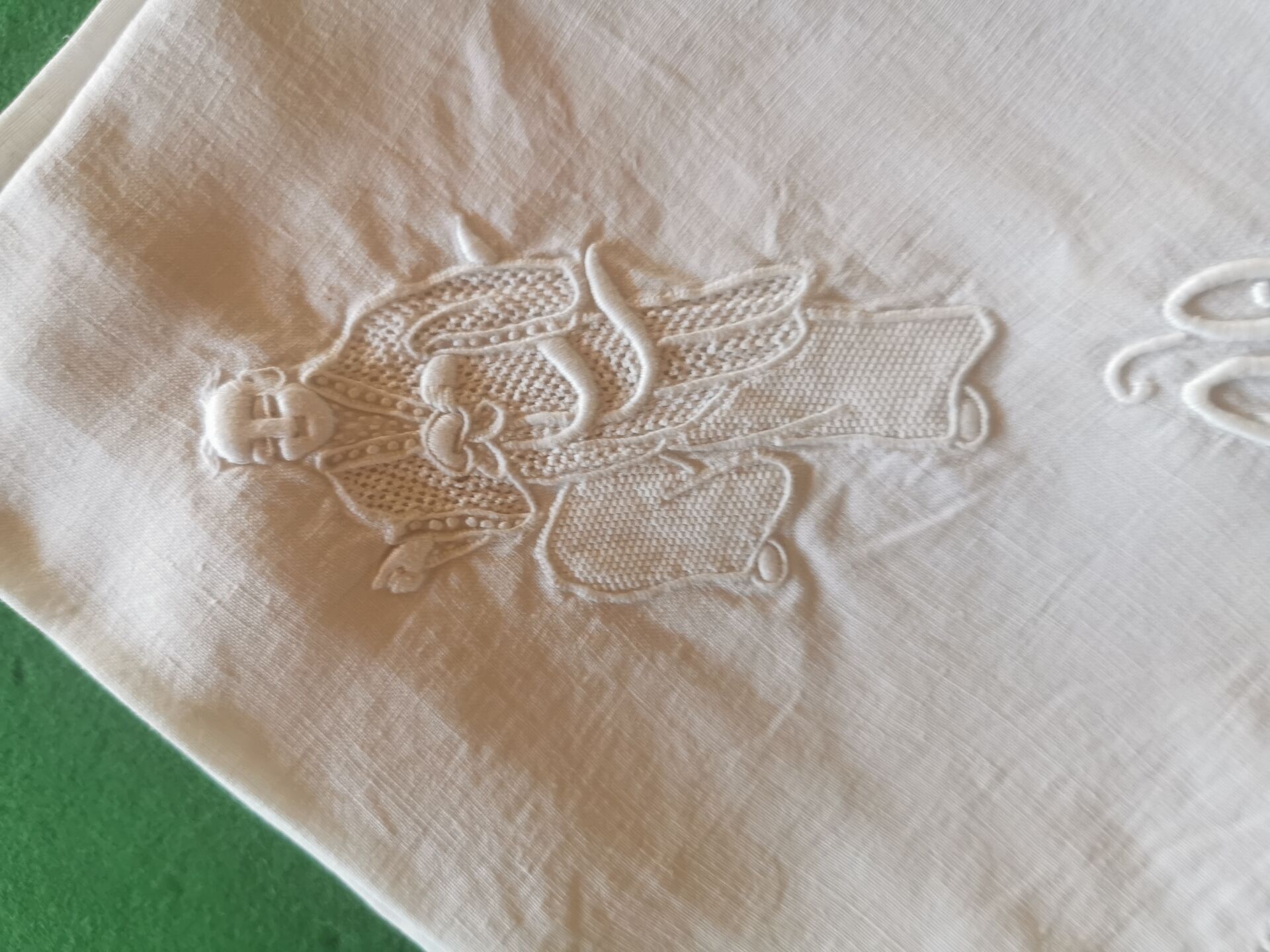 12 old damask linen napkins with a monogram