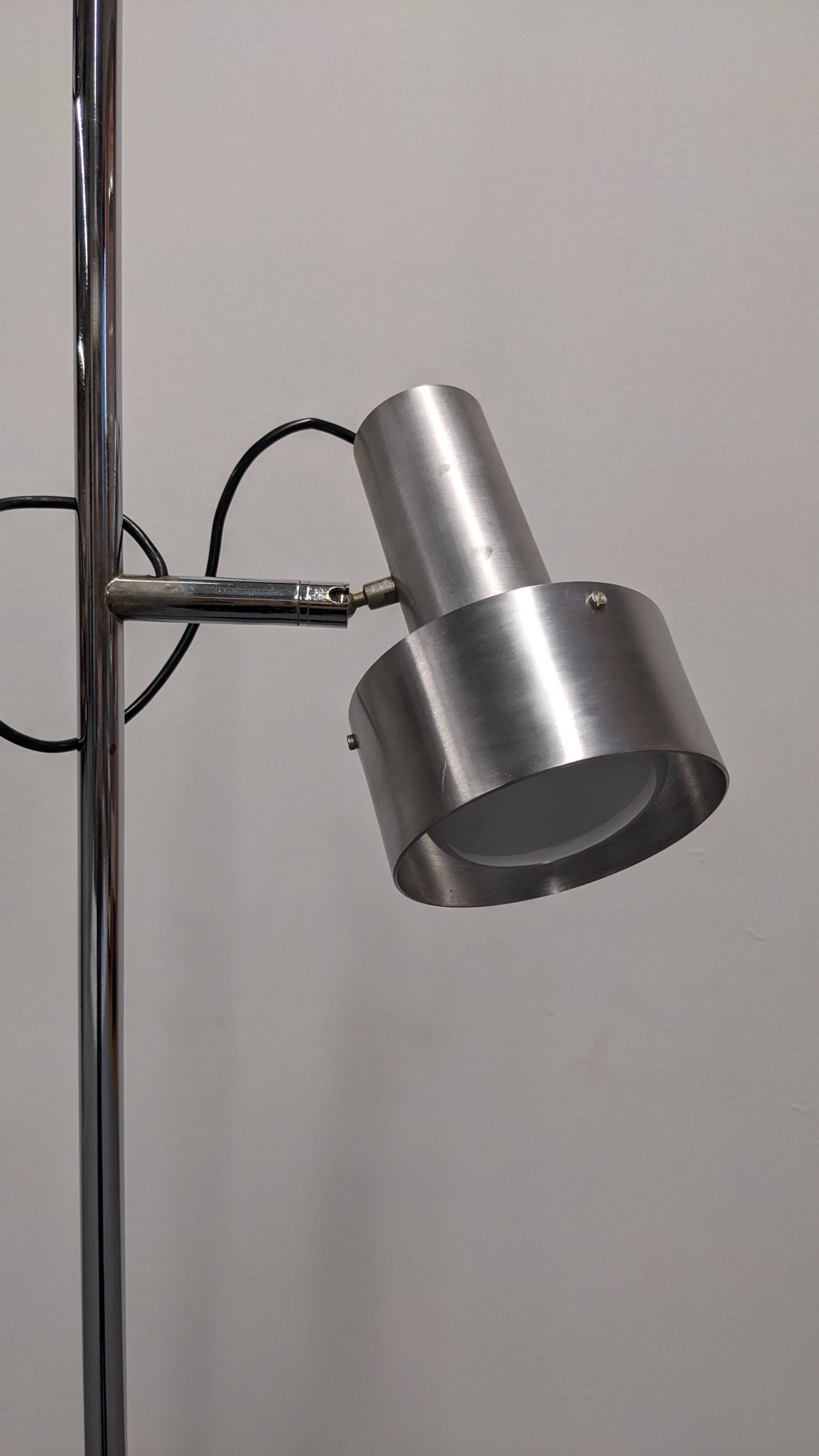 Space age modernist floor lamp with 2 aluminium spots, France circa 1970.