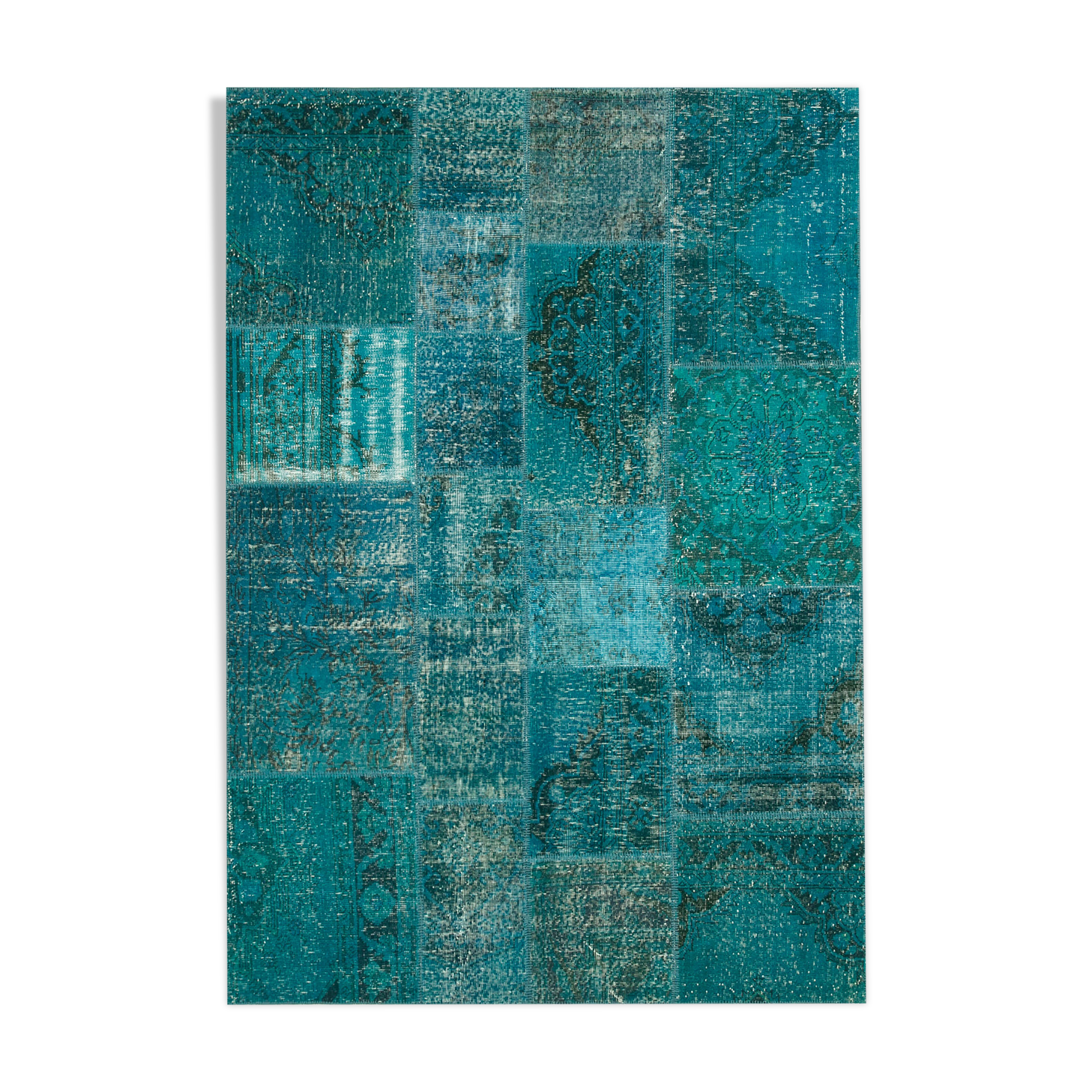 Handwoven oriental overdyed 171 cm x 244 cm turquoise patchwork rug