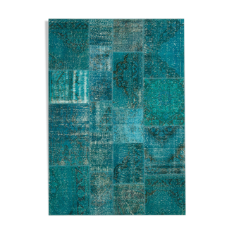 Handwoven oriental overdyed 171 cm x 244 cm turquoise patchwork rug