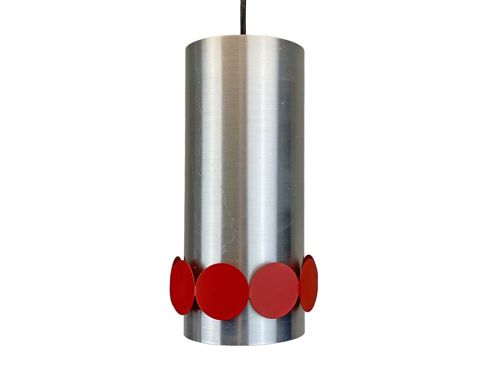 Rare mid century DORIA hanging lamp, Aluminium & red discs