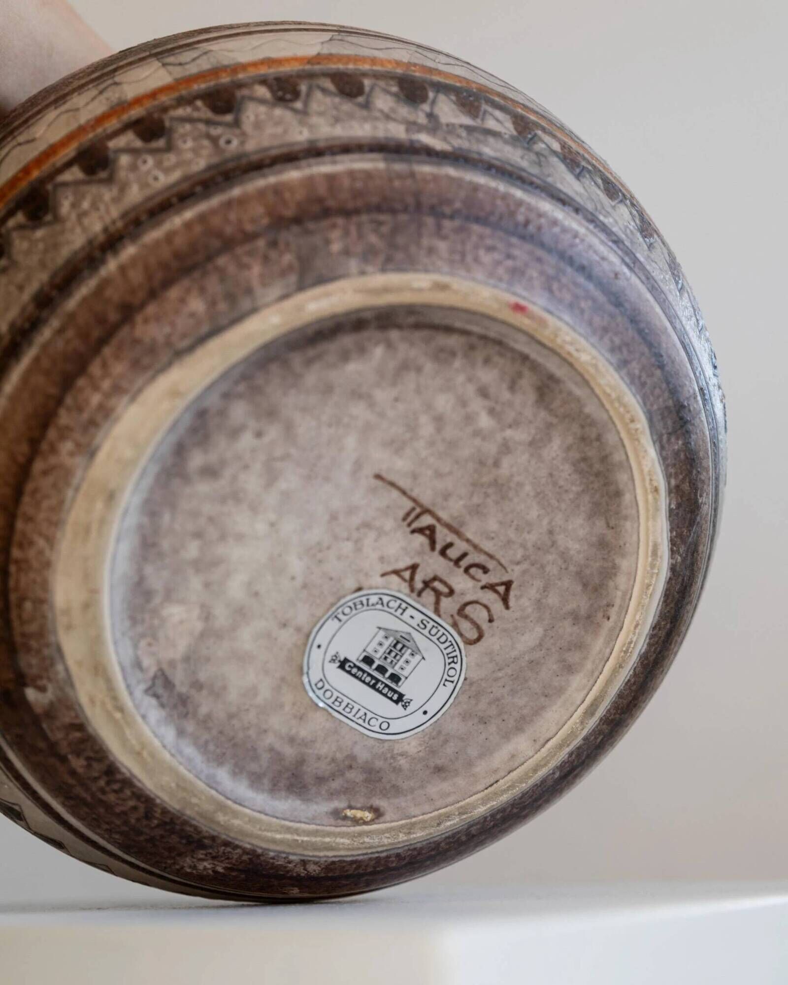 Vintage ceramic vase from the 1960s, hand-painted Italian pottery with two handles, brown tones and decorative pattern by Italica Ars.
