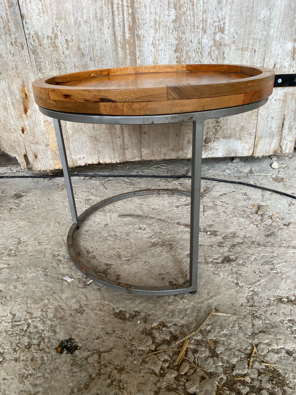 Nightstand Round Design Metal Grey + Wooden Top #D