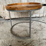 Nightstand Round Design Metal Grey + Wooden Top #D