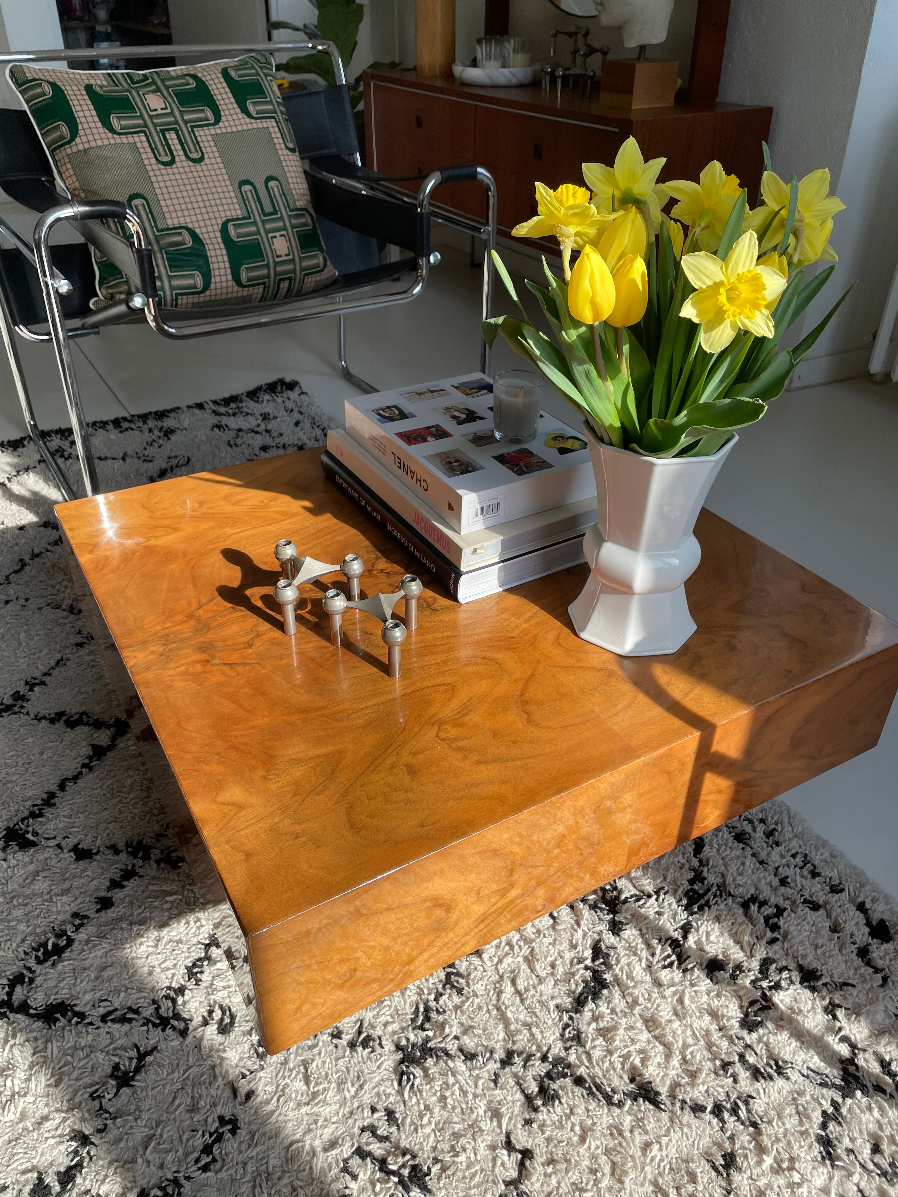 Square coffee table in elm magnifying glass 70s