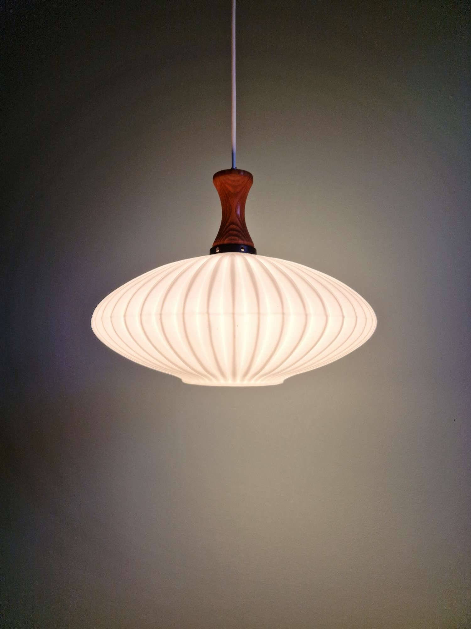 Teak and pleated white opaline suspension, Massive, 1960