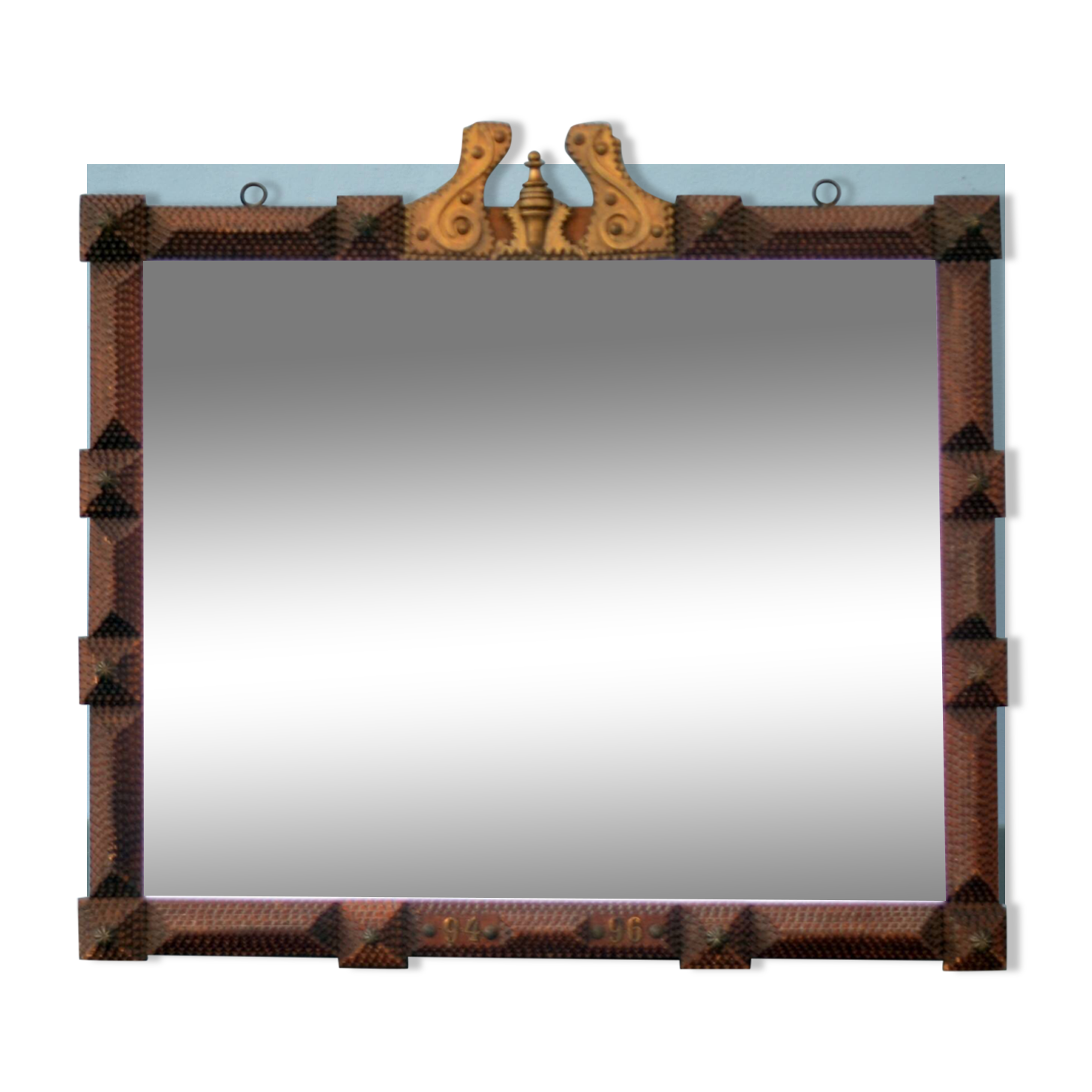 Super large Mirror Tramp Art Framed with brass elements 94 96 Prussia