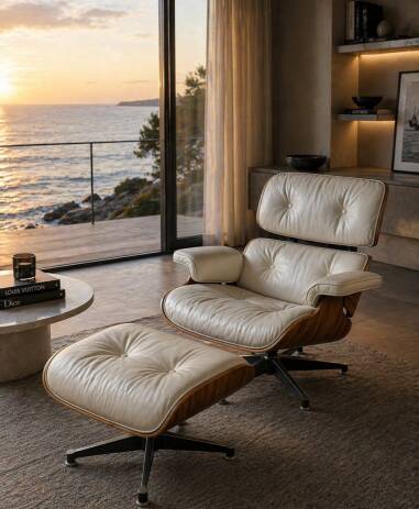 Charles and Ray Eames & Mobilier International - Lounge Chair and its Ottoman, white leather