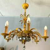 Glass chandelier and patinated sheet metal Six arms of light XX century