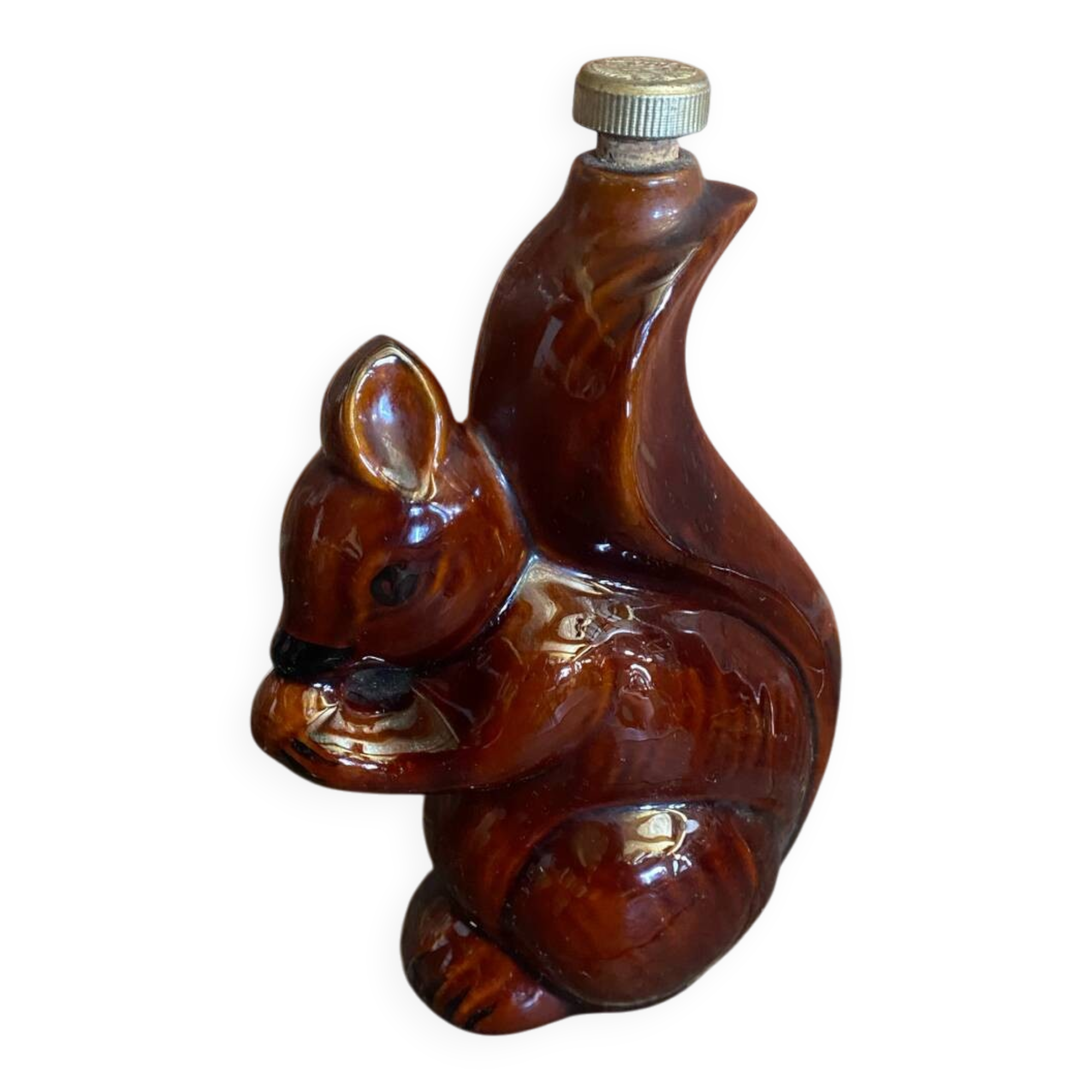 Vintage Brown Glazed Stoneware Squirrel-Shaped Bottle + Cork