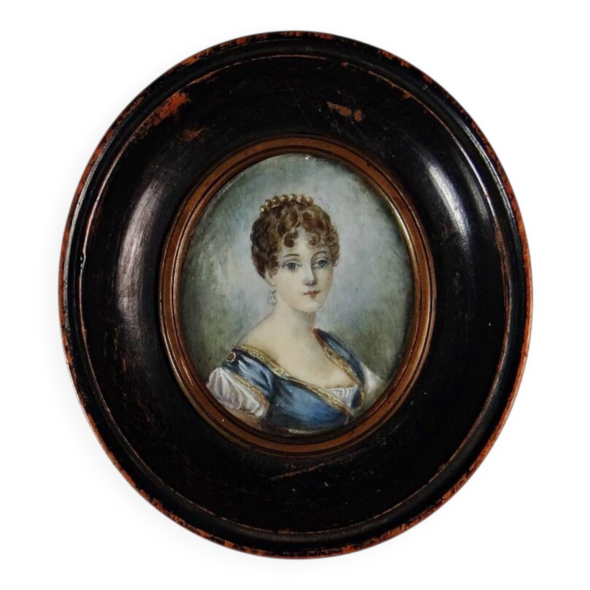 Tondo miniature portrait of a woman Empire style hand-painted gouache