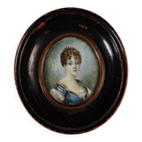 Tondo miniature portrait of a woman Empire style hand-painted gouache