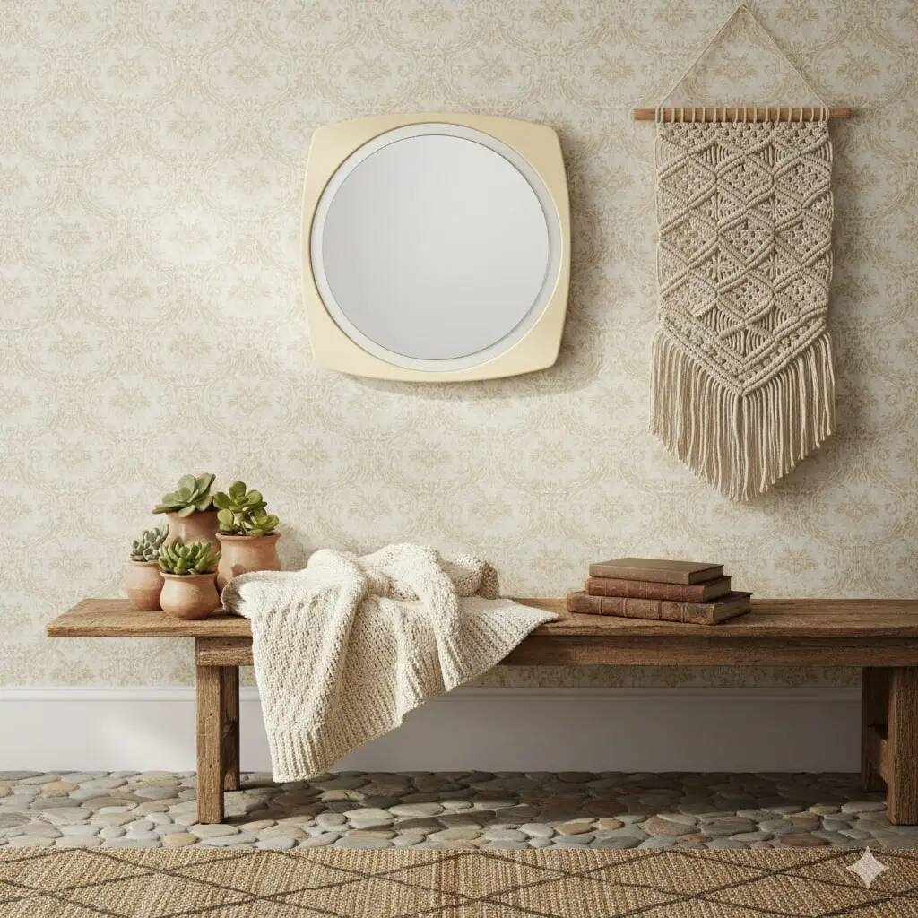 Vintage round mirror, plastic frame, glass, design, Italy, 1970s