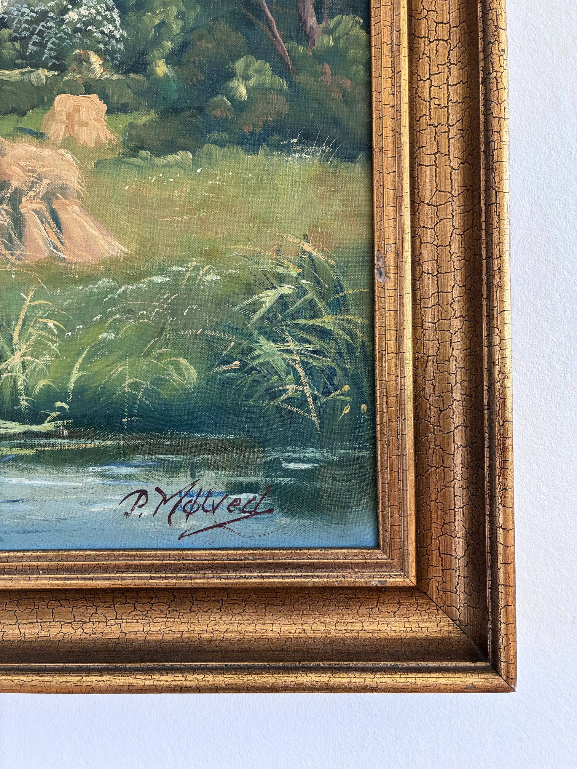 Vintage original large landscape oil painting, signed countryside art
