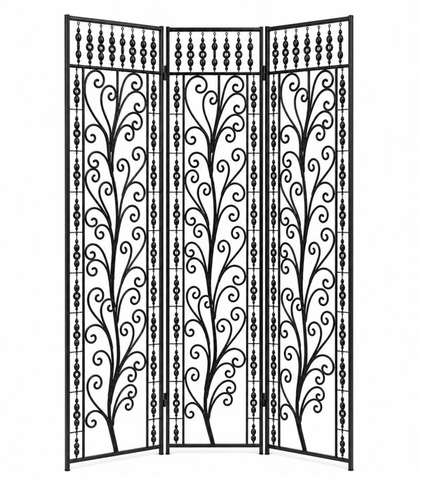 Paravent en fer forgé noir, motif floral ajouré, 3 panneaux