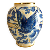 Vase vintage Hubert Bequet Quaregnon, oiseau du paradis bleu et dorure