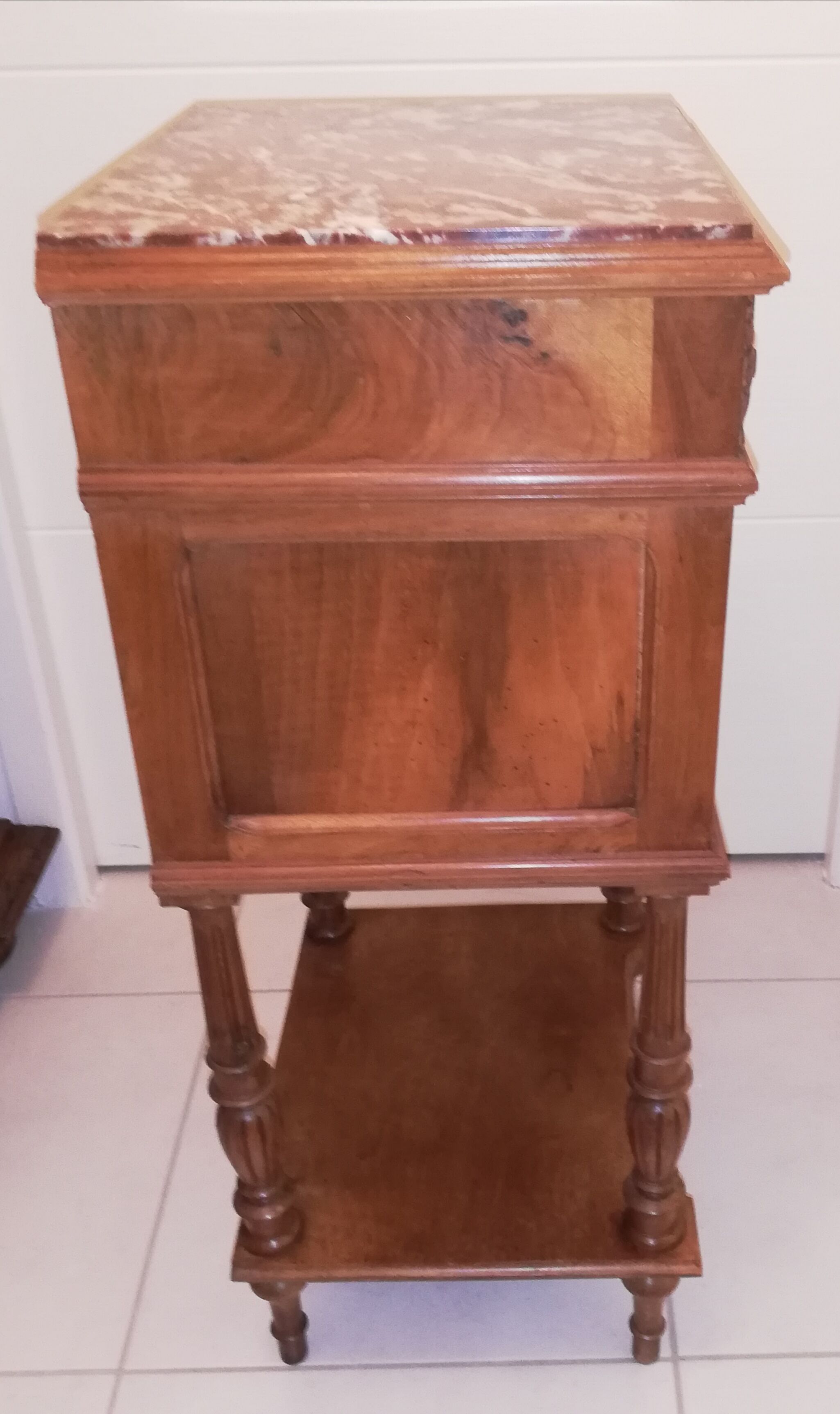 Louis XVI style bedside with marble top and carved door