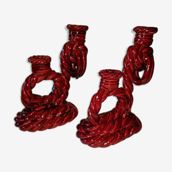 Original large pair of ceramic candlesticks from the years 50 in Burgundy Red braided rope