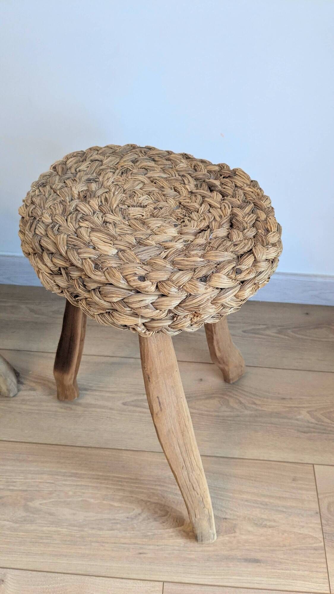 Pair of brutalist tripod stools attributed to Audoux & Minet.
