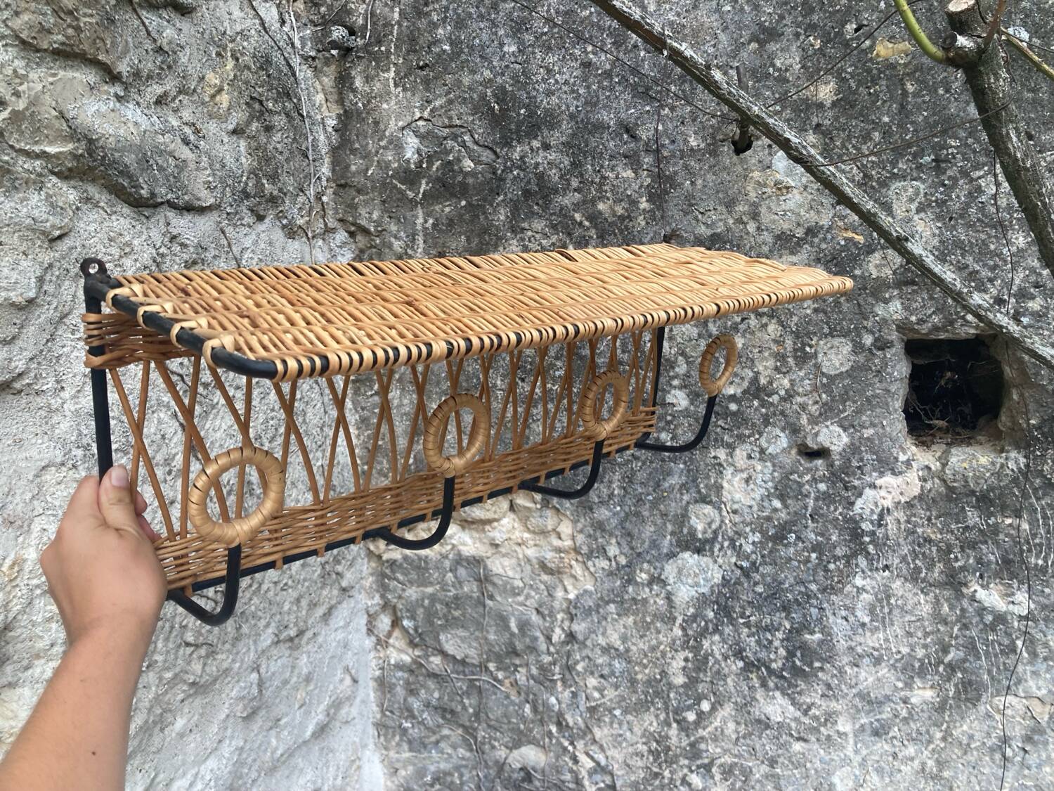 Vintage rattan wall coat rack