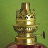 2 French Antique Cranberry Glass Oil Lantern Reservoirs Etched Gold Flowers 3984