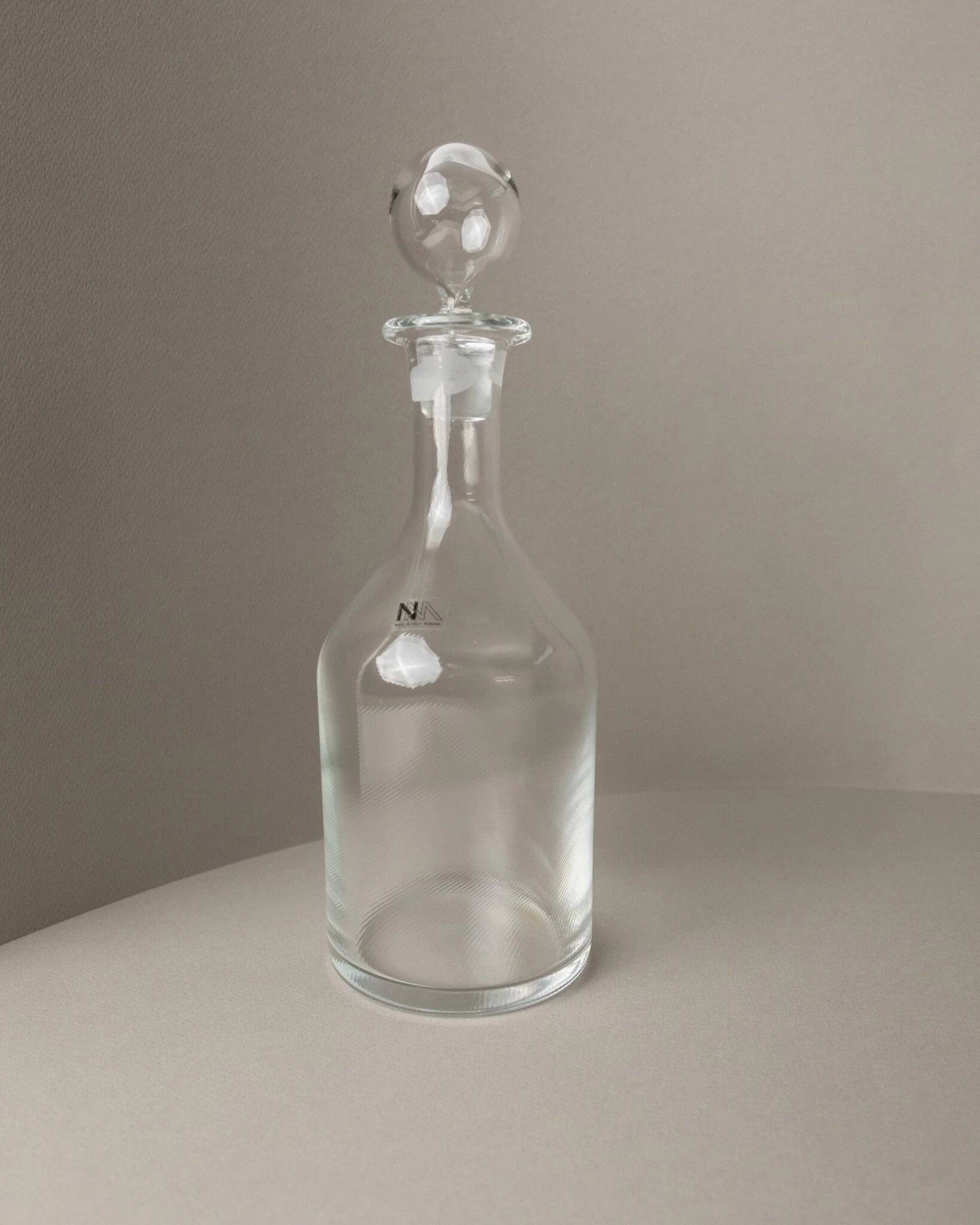 Clear Murano glass decanter with stopper - Italian 1980s liqueur bottle, fluted texture, decorative glass art