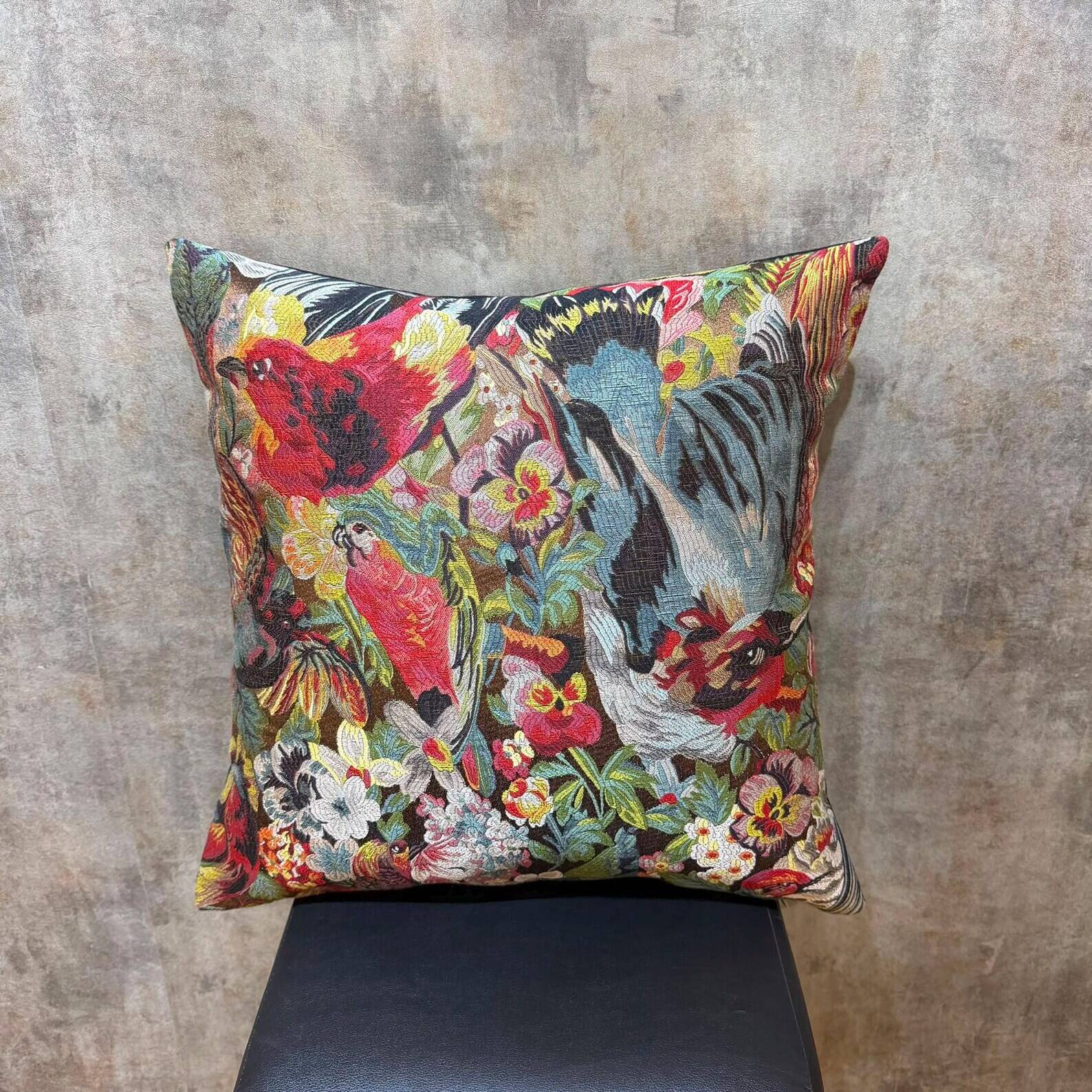 Woven Cushion, Crimson Macaw Parrot Jacquard, Dark Ground Pillow Cover