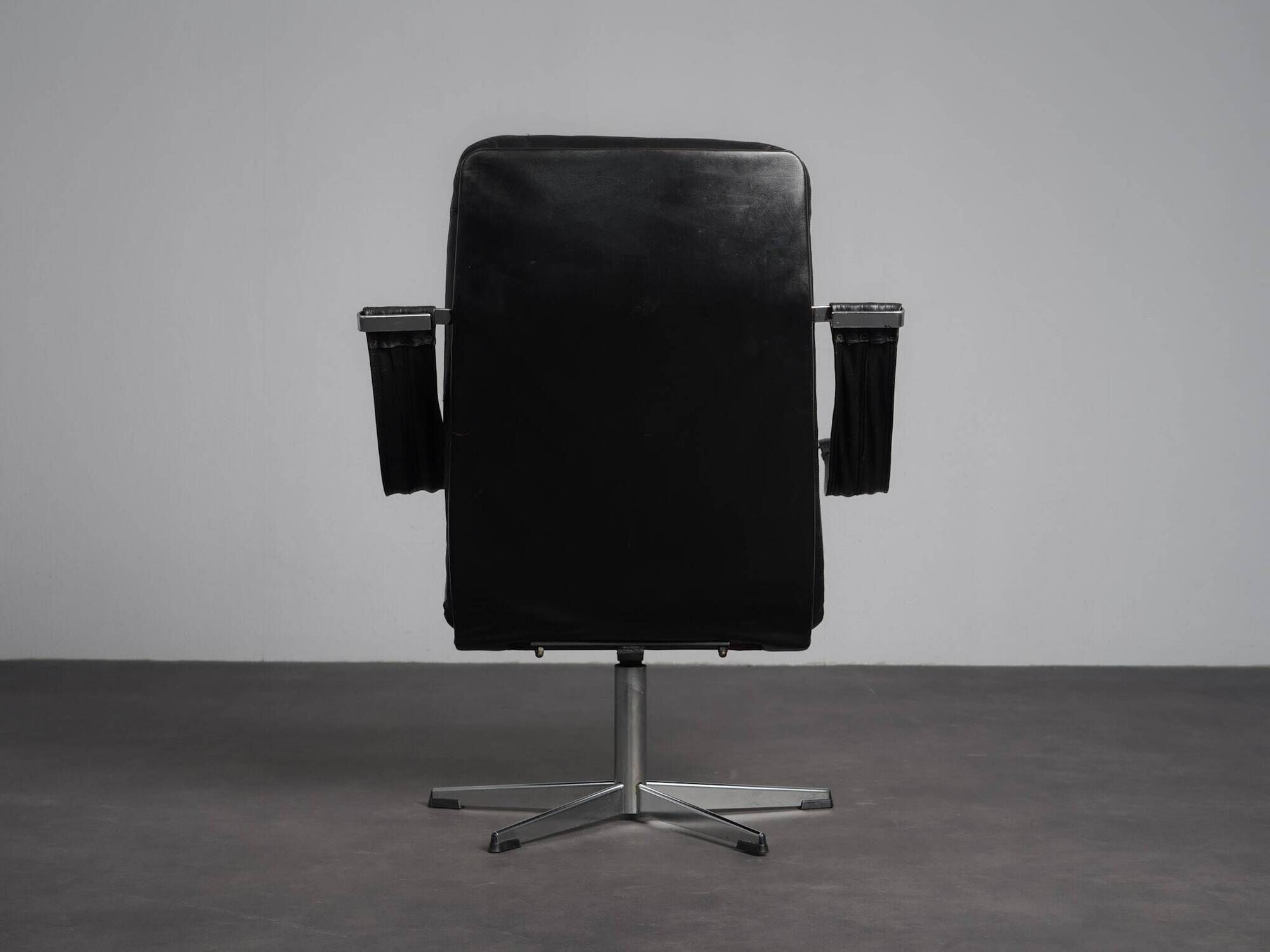 Modernist Black Leather Swivel Lounge Chair, Netherlands, 1960s