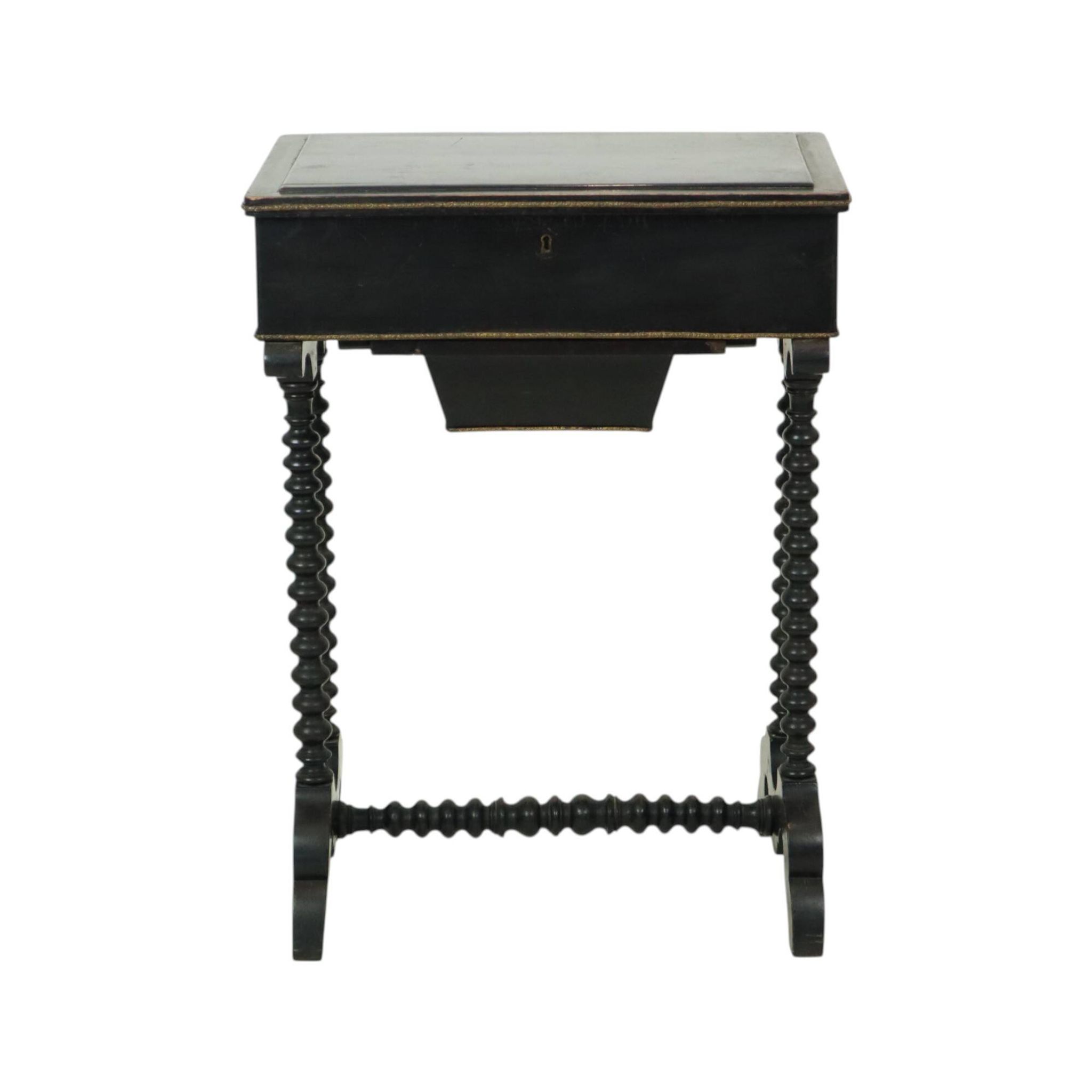 Table de couture antique laquée noire, table d'appoint en acajou, 19e siècle.