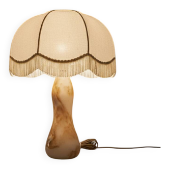 Vintage alabaster lamp with fringed shade – 1960s