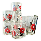 The service of 6 whiskey glasses with red flowers, with its bucket and its ice cube tongs.